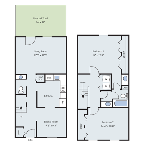 A floor plan of a penciled yard 16'x12' with a living room, kitchen, dining room, and two bedrooms.